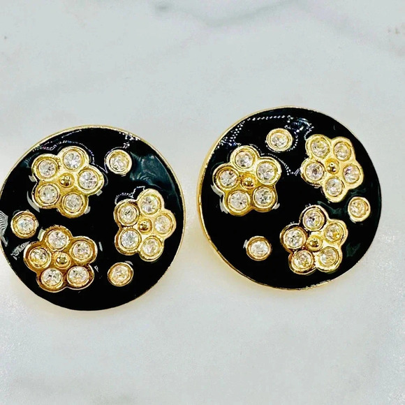 Vintage Avon Clip On Earrings Black Enamel Gold Plated Flower Rhinestone… - Picture 1 of 9